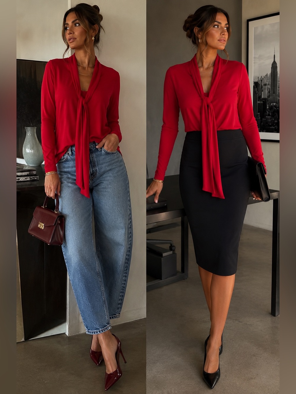 Michael Stars Cherry Red Office Siren Date Night  Tie Neck Drape Jersey Top OS